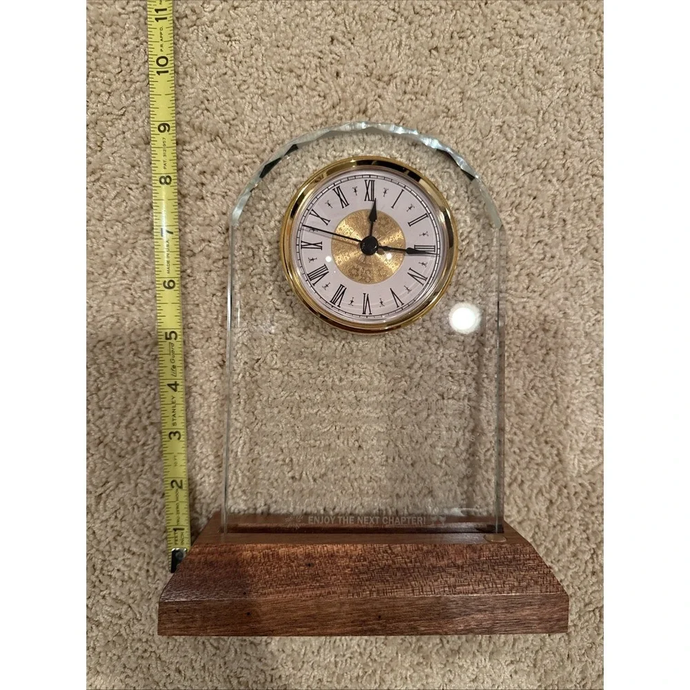 NIB Glass Retirement Clock with Wooden‎ Light Base - Happy Retirement Plaque